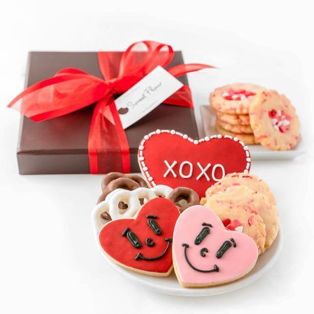 Cupid's Collection - Valentine's Day cookie  gift box with shortbread, chocolate and yogurt covered pretzels and smiley heart cookies