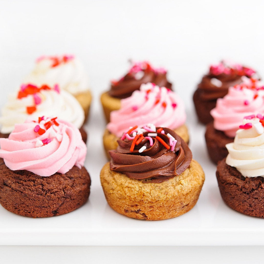 Valentine's Day Cookie Cupcakes with chocolate and pink frosting